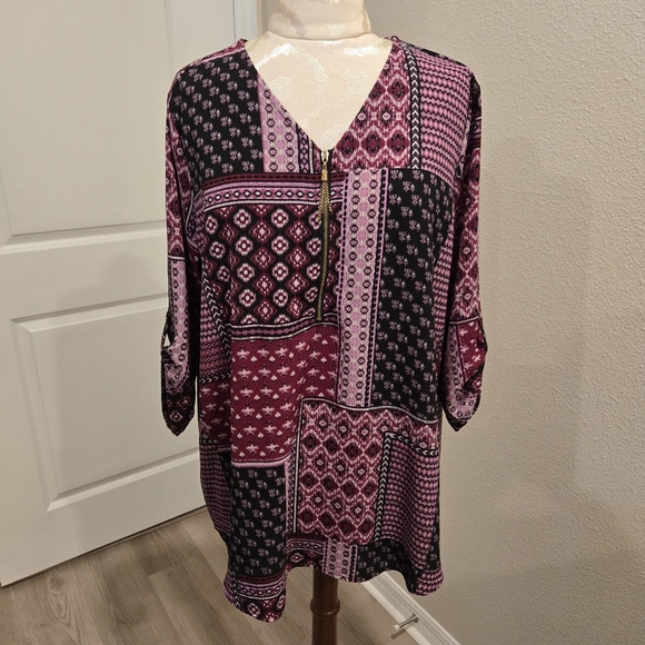 NWT Cathy Mixed Print Zip-Up Blouse Size Large - Picture 2 of 9